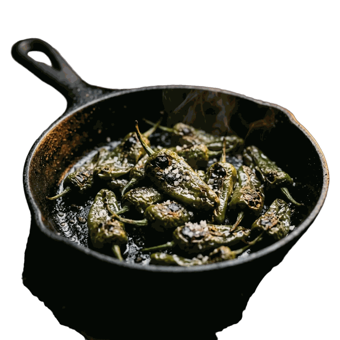Pimientos de Gernika blistering in an iron pan over the coals